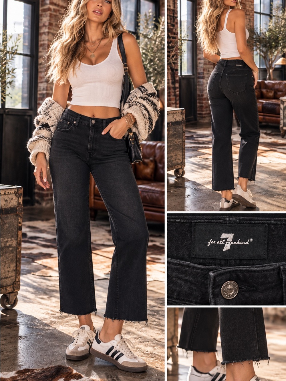 7 For All Mankind High-Rise Straight Crop Jeans in Washed Black Size 10